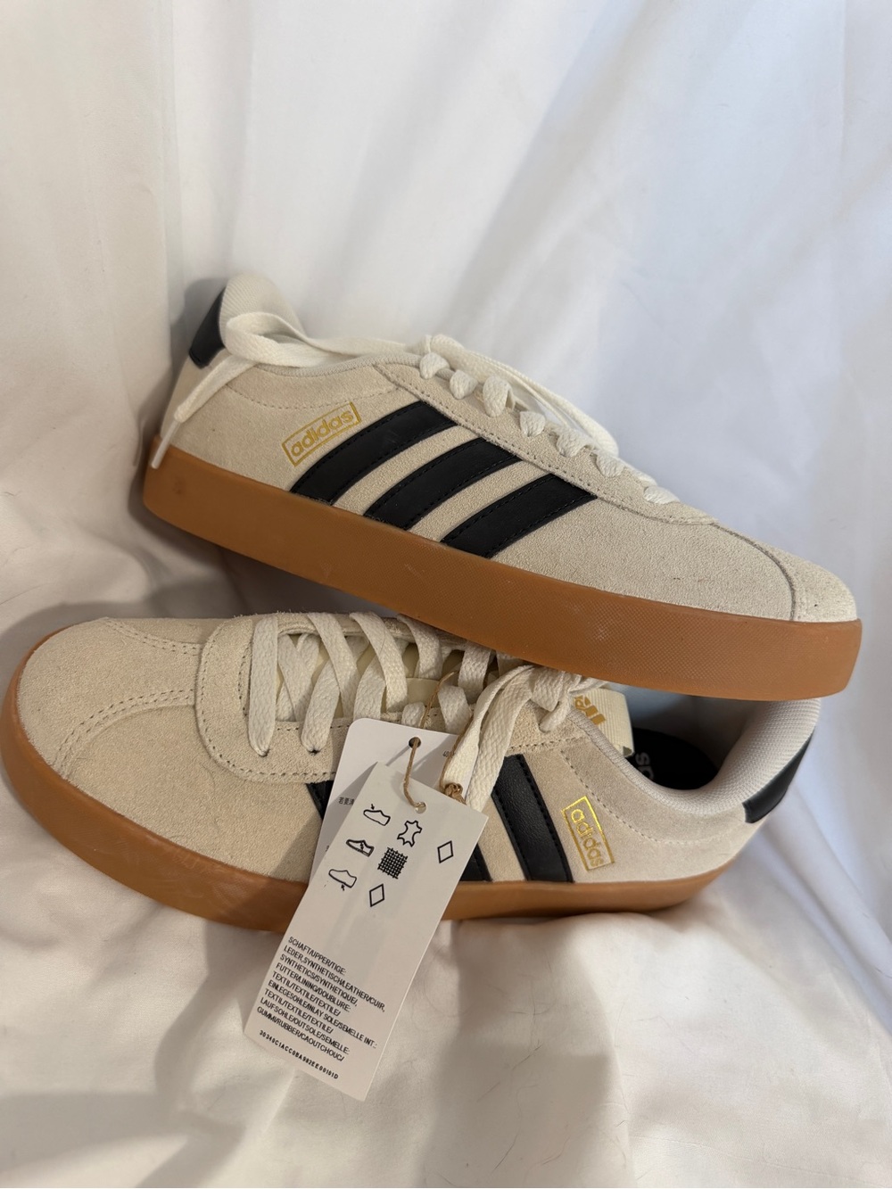adidas Men’s Cream Suede Sneakers with Black Stripes and Gum Sole